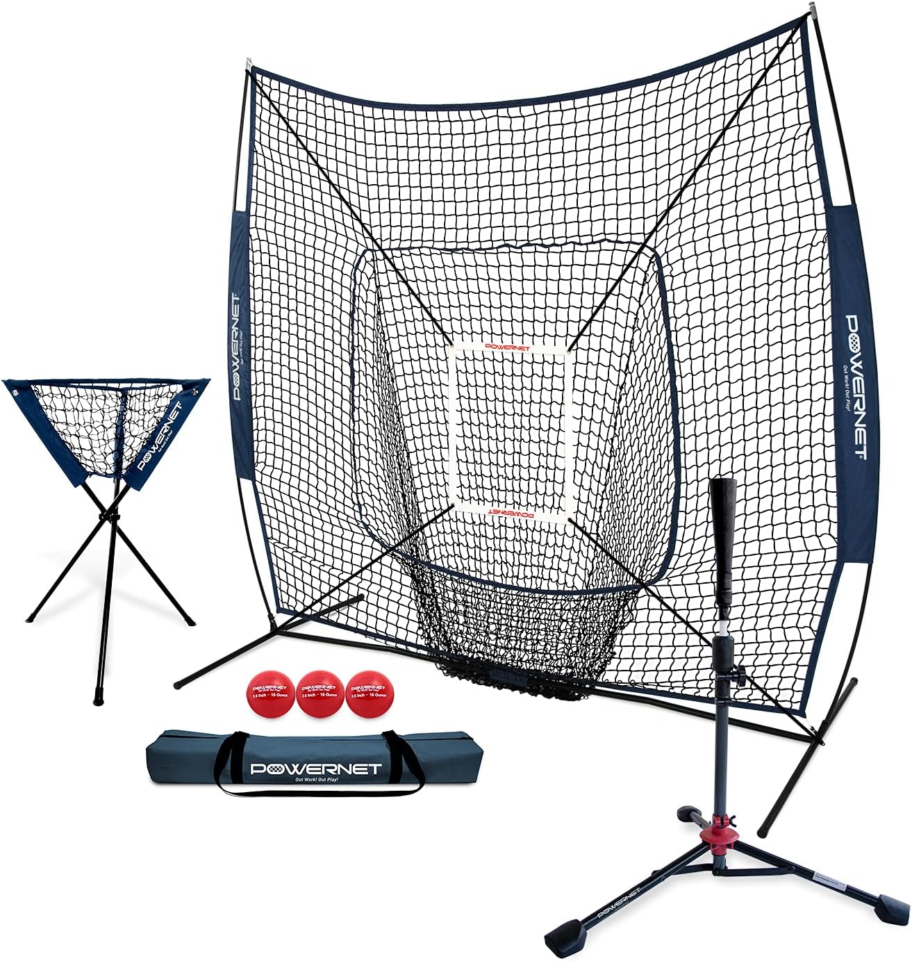 PowerNet 7x7 DLX Practice Net + Deluxe Tee + Ball Caddy + Weighted Balls + Strike Zone Bundle | Baseball Softball Training Equipment