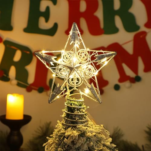 Juegoal Star Tree Topper with 20 LED Lights, Metal Golden Lighted Treetop Ornaments, Battery Powered Light Up Christmas Tree Decorations, 6.5 x 6.5 Inches