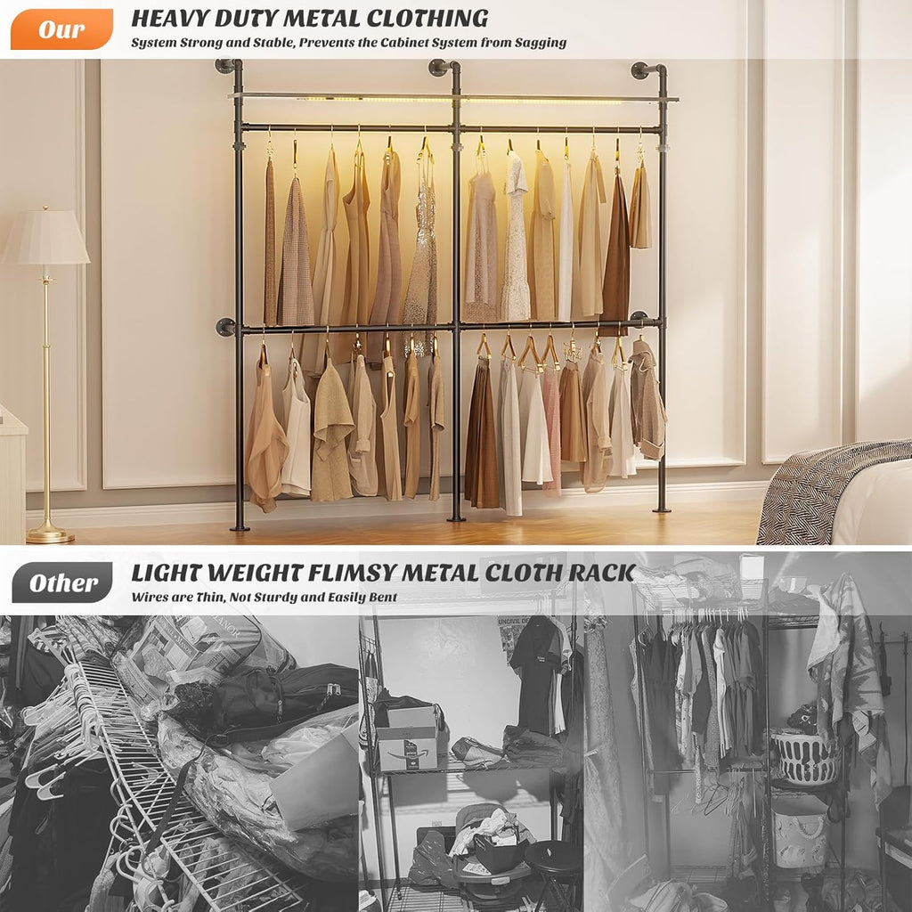 Aheaplus Industrial Pipe Clothing Rack, Reversible 79.7'' Clothes Rack for Hanging Clothes, Heavy Duty Garment Racks Closet Wardrobe with LED Lights& Shelves, Walk-in Closet System, Black