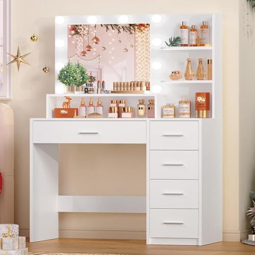 Makeup Vanity Desk with Mirror, 10 Lights, 5 Drawers, 3 Storage Shelves, 3 Color Modes & Adjustable Brightness Dressing Table, 35.4” Desk, Black