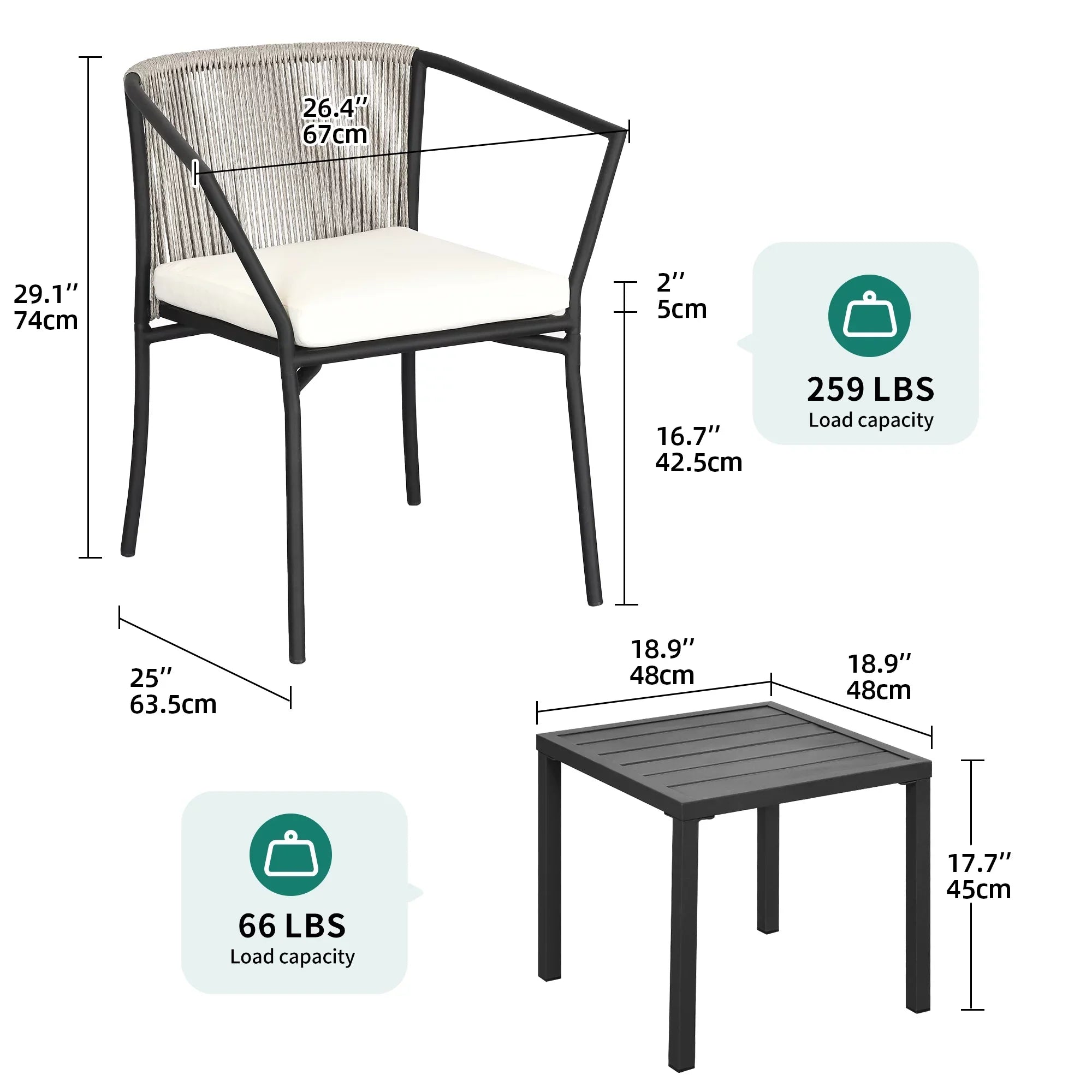 Dextrus 3-Piece Patio Conversation Bistro Set, Outdoor Wicker Dining Table Chairs Set, With 2 Stackable Chairs, Cushions, Side Table - White