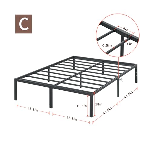 PrimaSleep 18 Inch Tall Heavy Duty Steel Slat Bed Frame/Anti-Slip Support/Easy Assembly Mattress Foundation/No Noise/No Box Spring Needed/Full/Black