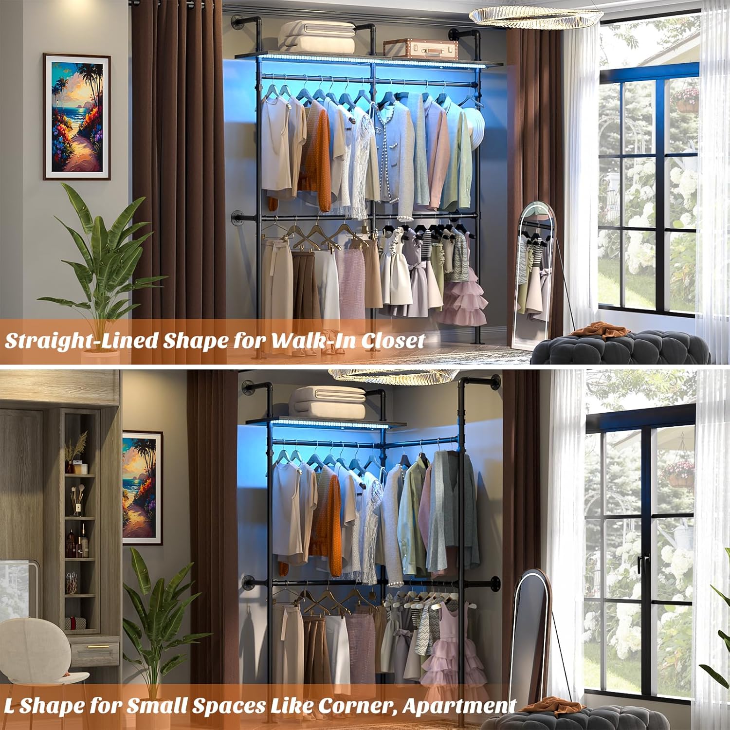 Aheaplus Industrial Pipe Clothing Rack, Reversible 79.7'' Clothes Rack for Hanging Clothes, Heavy Duty Garment Racks Closet Wardrobe with LED Lights& Shelves, Walk-in Closet System, Black