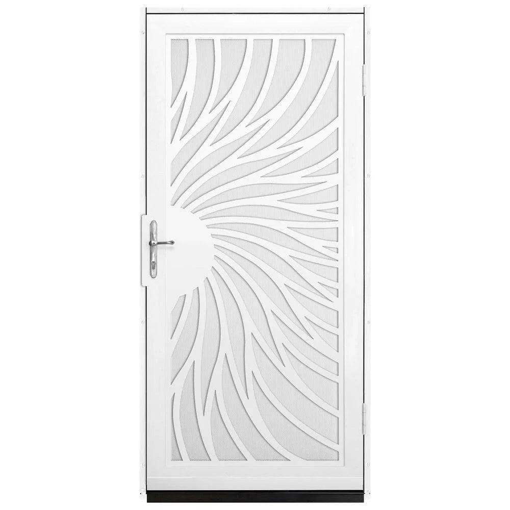 Unique Home Designs 36 in. x 80 in. Solstice White Surface Mount Steel Security Door with White Perforated Screen and Brass Hard