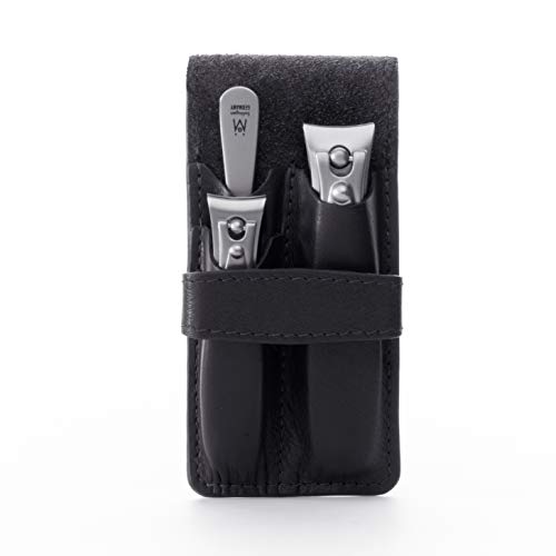 GERMANIKURE Nail Clippers and Sapphire Nail File Set in Black Leather Case – Ethically Made in Solingen Germany, FINOX Stainless Steel Tools – Professional Quality Manicure & Pedicure Kit for Men