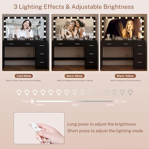 Makeup Vanity Desk with Mirror, 10 Lights, 5 Drawers, 3 Storage Shelves, 3 Color Modes & Adjustable Brightness Dressing Table, 35.4” Desk, Black