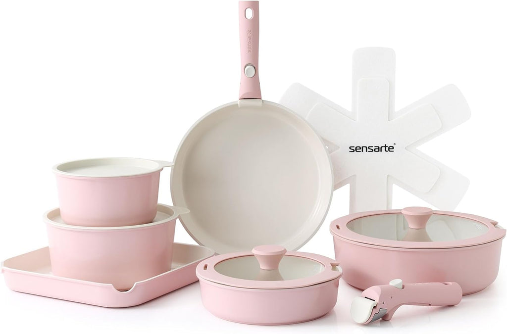 SENSARTE 17 Piece Ceramic Pots and Pans Set, Nonstick Detachable Handle Cookware, Induction Kitchen Cookware Set with Removable Handle, Dishwasher ＆ Oven Safe (Gray)