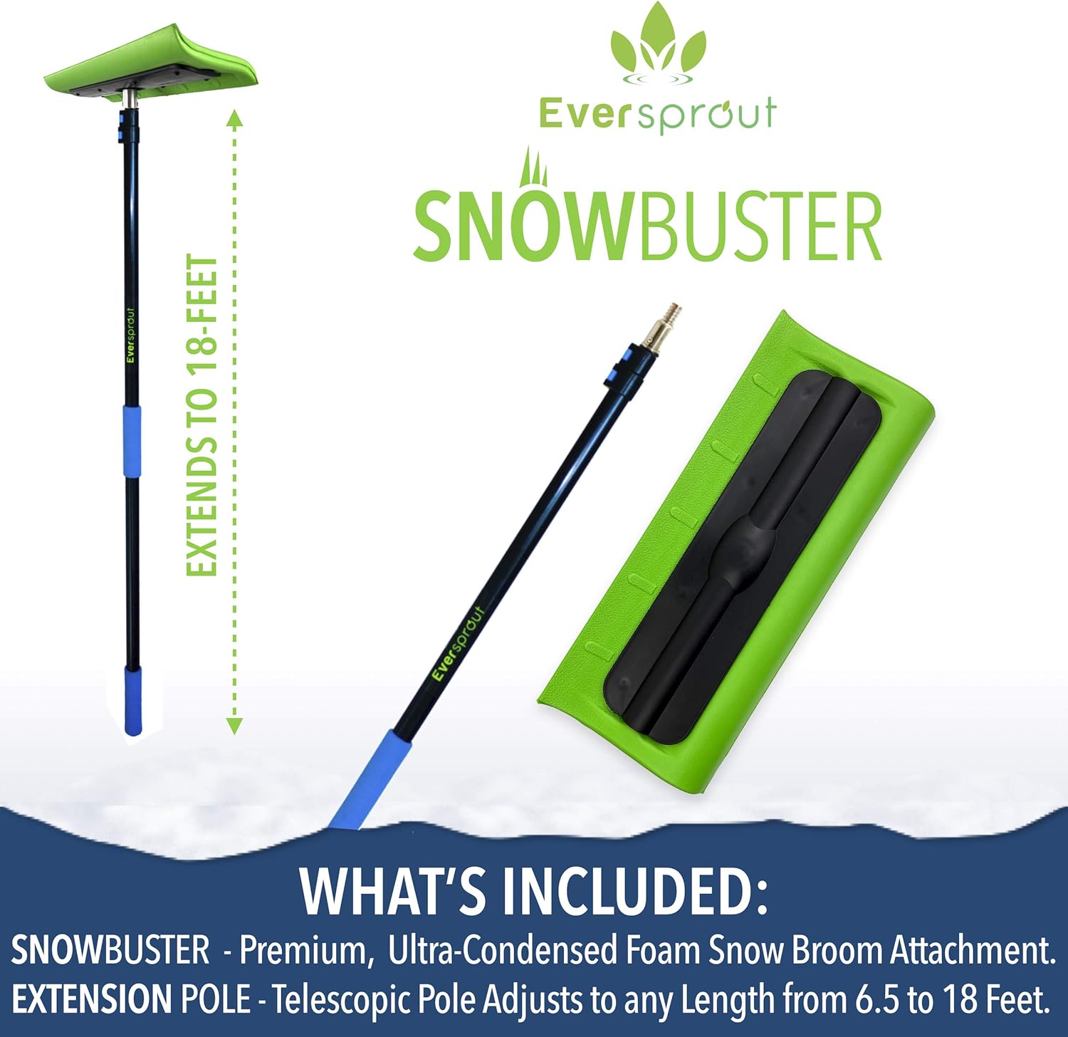 EVERSPROUT Never-Scratch SnowBuster 7-to-24 Foot (Up to 30 Ft Standing Reach) | Pre-Assembled Extendable Roof Rake for Snow Removal | Heavy-Duty Aluminum, Soft Foam Pad | Exclusive Push/Pull Design